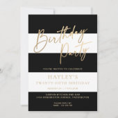 白黒ストライプ金ゴールド誕生日 招待状 (正面)