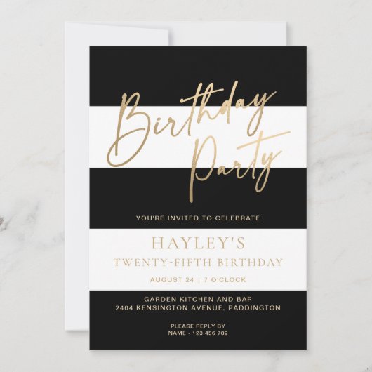 白黒ストライプ金ゴールド誕生日 招待状 (正面)