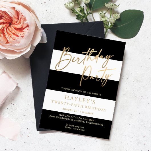 白黒ストライプ金ゴールド誕生日 招待状