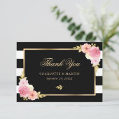 白黒ストライプ金ゴールド赤面ピンクフローラ結婚ズ サンキューカード (スタンド正面)