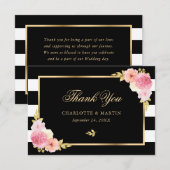 白黒ストライプ金ゴールド赤面ピンクフローラ結婚ズ サンキューカード (正面/裏面)