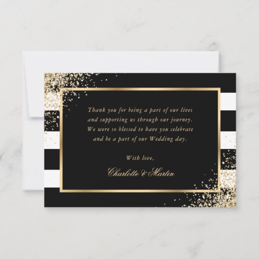 白黒ストライプ金ゴールド赤面ピンクフローラ結婚ズ サンキューカード (裏面)