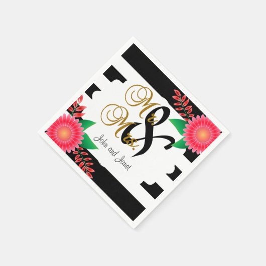 白黒ストライプ金ゴールド | ピンク結婚の スタンダードカクテルナプキン (角)