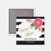 白黒ストライプ金ゴールド | Pink日付を保存 マグネット (正面/裏面)