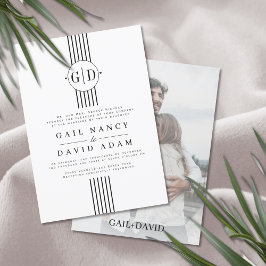 白黒ストライプ、イニシャル、写真結婚の 招待状