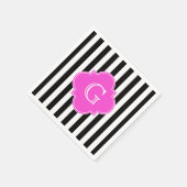 白黒ストライプ、ホットピンククローバーモノグラム スタンダードカクテルナプキン (角)