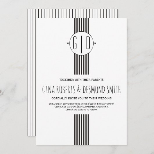 白黒ストライプ、モノグラム結婚式招待状 招待状 (正面/裏面)