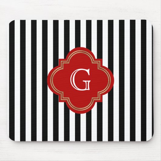 白黒ストライプ、レッドラベルモノグラム マウスパッド (正面)