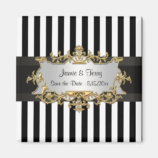 白黒ストライプ、黒いリボン日付を保存 マグネット (正面)