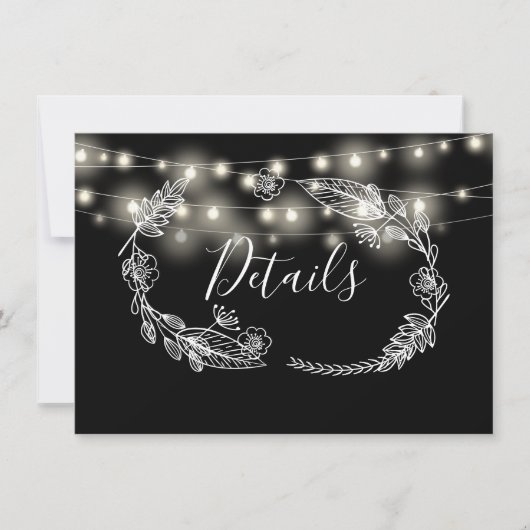 白黒ストリングライトの結婚詳細カード 招待状 (正面)