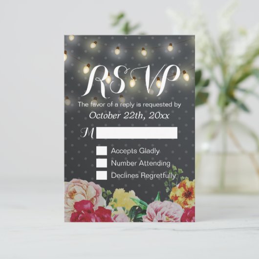 白黒ストリングライトフローラウェディングRSVPカード 出欠カード (スタンド正面)