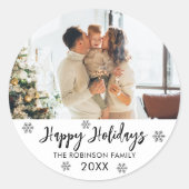 白黒スノーフレークファミリーフォトハッピーホリデー ラウンドシール (正面)