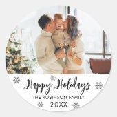 白黒スノーフレークファミリーフォトハッピーホリデー ラウンドシール (正面)