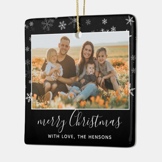 白黒スノーフレークメリークリスマスフォト セラミックオーナメント (左)