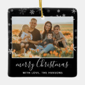 白黒スノーフレークメリークリスマスフォト セラミックオーナメント (正面)