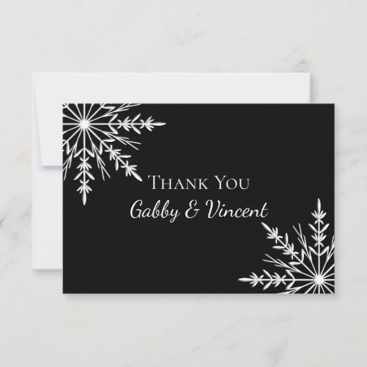 白黒スノーフレーク冬の結婚式ありがとう 招待状 (正面)