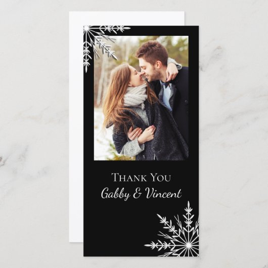 白黒スノーフレーク冬の結婚式 サンキューカード (正面/裏面)