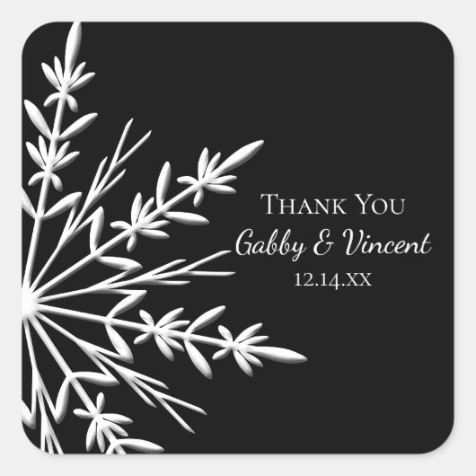 白黒スノーフレーク冬の結婚式 スクエアシール (正面)