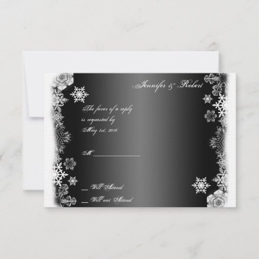 白黒スノーフレーク結婚の応答カード 出欠カード (正面)