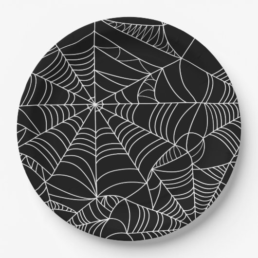 白黒スパイダーウェブハローウィンパーティ ペーパープレート (正面)