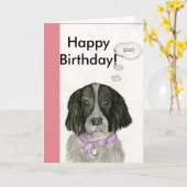 白黒スパニエル犬のバースデー・カード カード (黄色い花)