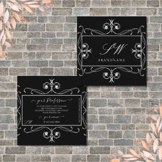 白黒スパークルジュエリーイニシャルオーナメント スクエア名刺