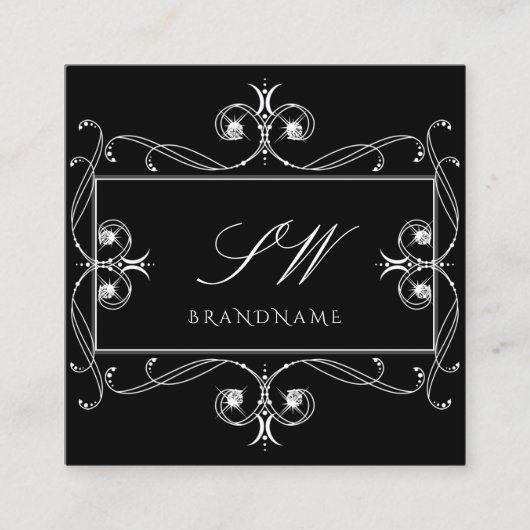 白黒スパークルジュエリーイニシャルオーナメント スクエア名刺 (正面)