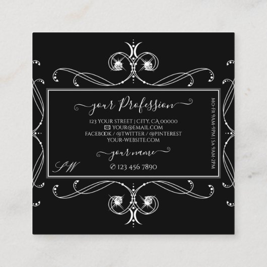 白黒スパークルジュエリーイニシャルオーナメント スクエア名刺 (裏面)