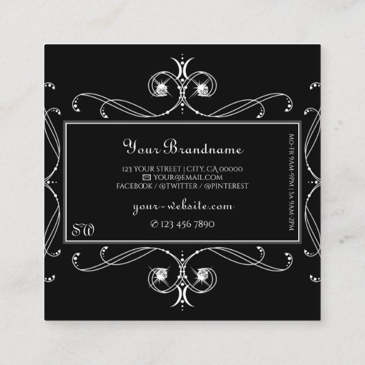 白黒スパークルジュエリーモノグラムオーナメント スクエア名刺 (裏面)