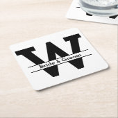 白黒スプリットモノグラム結婚ズ スクエアペーパーコースター (アングル)