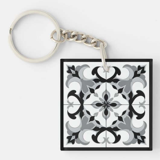 白黒スペインのスタイルタイル キーホルダー (正面)