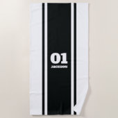 白黒スポーツストライプの名前と番号 ビーチタオル (正面)