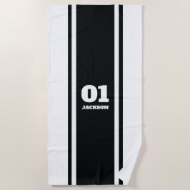 白黒スポーツストライプの名前と番号 ビーチタオル