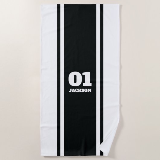 白黒スポーツストライプの名前と番号 ビーチタオル (正面)