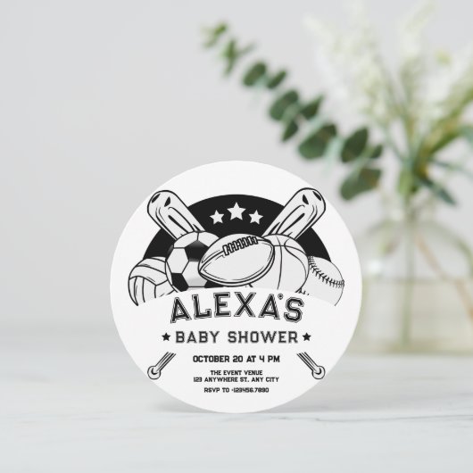 白黒スポーツベビーシャワー 招待状 (スタンド正面)