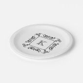 白黒スワールフローリッシュイニシャルモノグラム ペーパープレート (アングル)