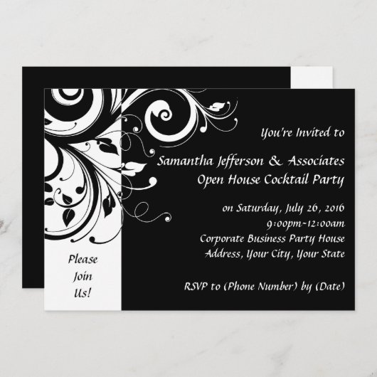 白黒スワール企業のパーティの招待状 招待状 (正面/裏面)