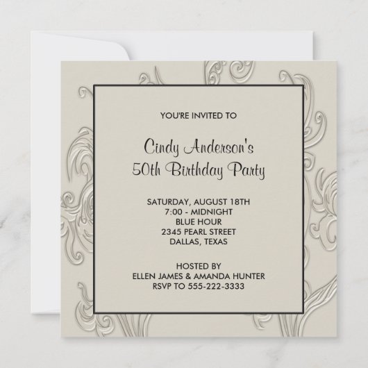 白黒スワール女性50th誕生日パーティー 招待状 (裏面)