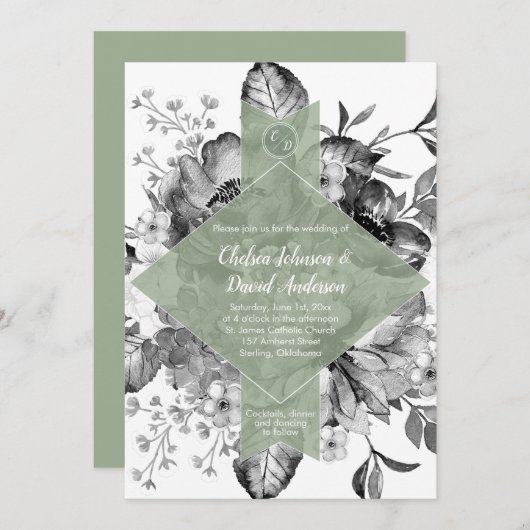白黒セージ緑フローラ水の色結婚の 案内状 (正面/裏面)
