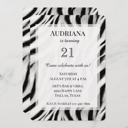 白黒ゼブラアニマルプリント誕生日 招待状 (正面/裏面)