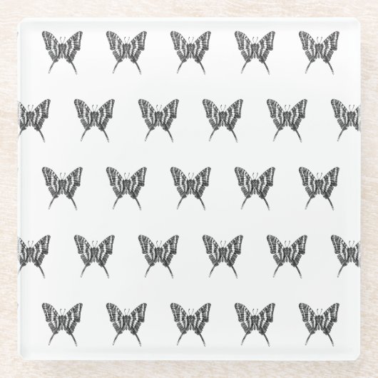 白黒ゼブラバタフライインクスケッチパターン ガラスコースター (正面)