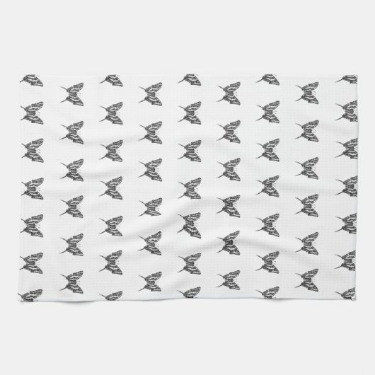 白黒ゼブラバタフライインクスケッチパターン キッチンタオル (横)
