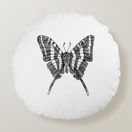 白黒ゼブラバタフライインクスケッチ ラウンドクッション (正面)
