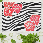 白黒ゼブラパターン+赤いバラ キッチンタオル (折り畳み)