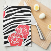 白黒ゼブラパターン+赤いバラ キッチンタオル (四つ折り)