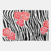白黒ゼブラパターン+赤いバラ キッチンタオル (横)
