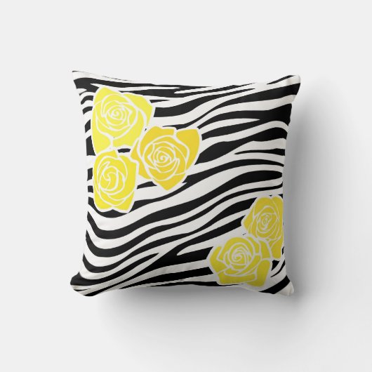 白黒ゼブラパターン+黄色のバラ クッション (正面)