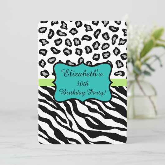 白黒ゼブラヒョウ皮30歳パーティー 招待状 (スタンド正面)