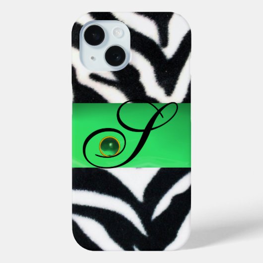 白黒ゼブラファーエメラルドグリーンジェムモノグラム Case-Mate iPhoneケース (裏面)
