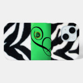 白黒ゼブラファーエメラルドグリーンジェムモノグラム Case-Mate iPhoneケース (裏面 (横))